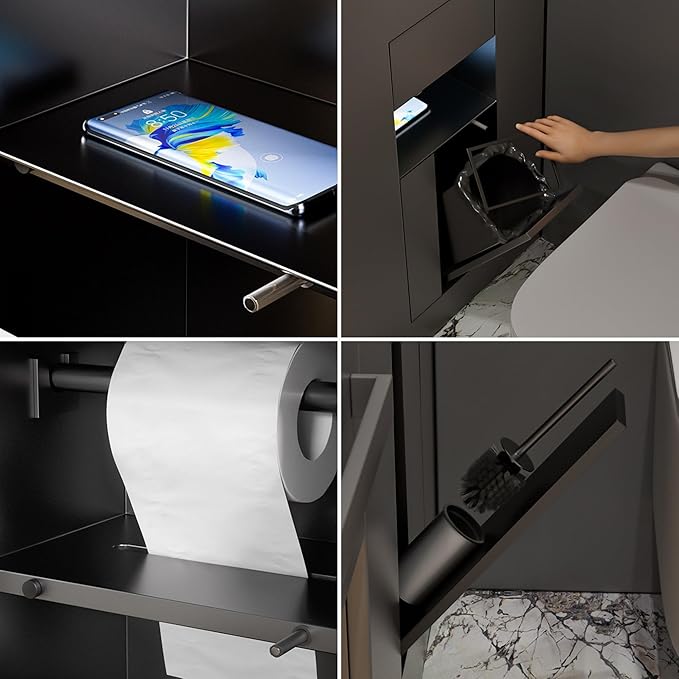 Recessed Bathroom Trash Can & Toilet Paper Holder Tile-Friendly Built-in Hidden Garbage Bin Stainless Steel Recessed Storage Cabinet Shower Nich for Toilet Bathroom Hotel,A