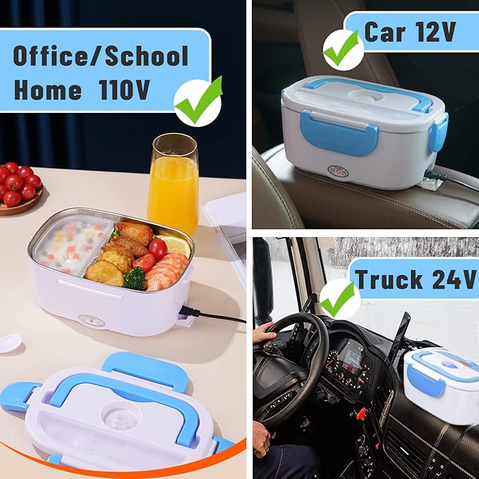 Electric Lunch Box 2 In 1 Food Heater 12V 24V 110V Portable Food Warmer for Car and Home Removable Stainless Steel Heated Bento Box (Green)