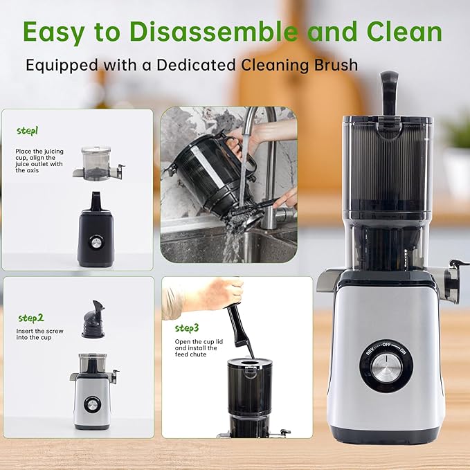 NEWBULIG Cold Press Juicer Machines, Masticating Juicer with High Juice Yield, Reverse Function, Stops Oxidation and Easy to Clean for Vegetables & Fruits, Silver