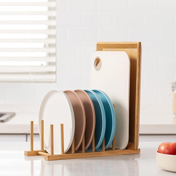 HBlife 2pcs Heighten and Widen Bamboo Dish Drying Rack Plate Bowl Cup Book Pot Lid Cutting Board Stand Drainer Storage Holder Organizer for Kitchen Cabinet