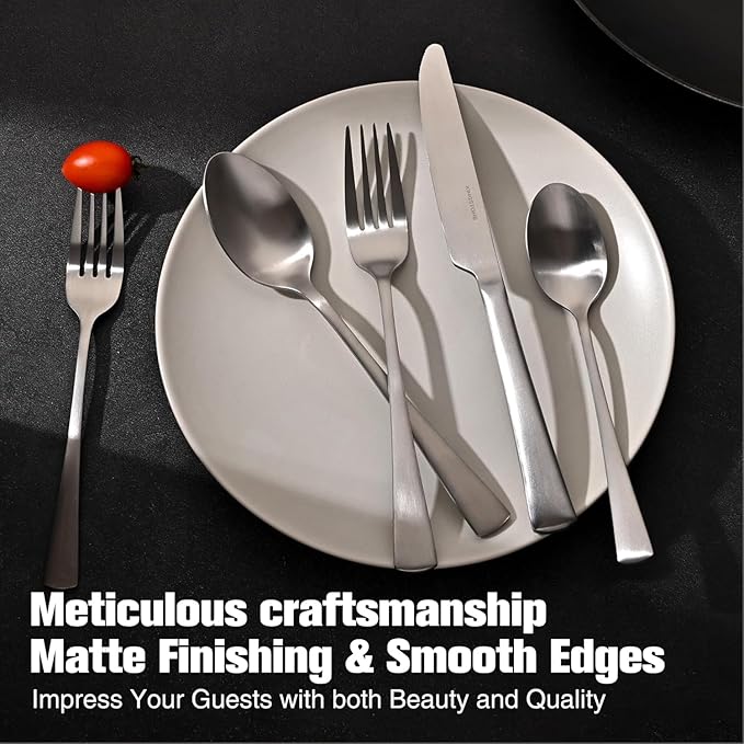 KINGSTONE Silverware Set for 12, 60-Piece 18/10 Stainless Steel Flatware Set, Forged Cutlery Set Matte Satin Finish for Home, Restaurant, Wedding, Party,Gift, Dishwasher Safe