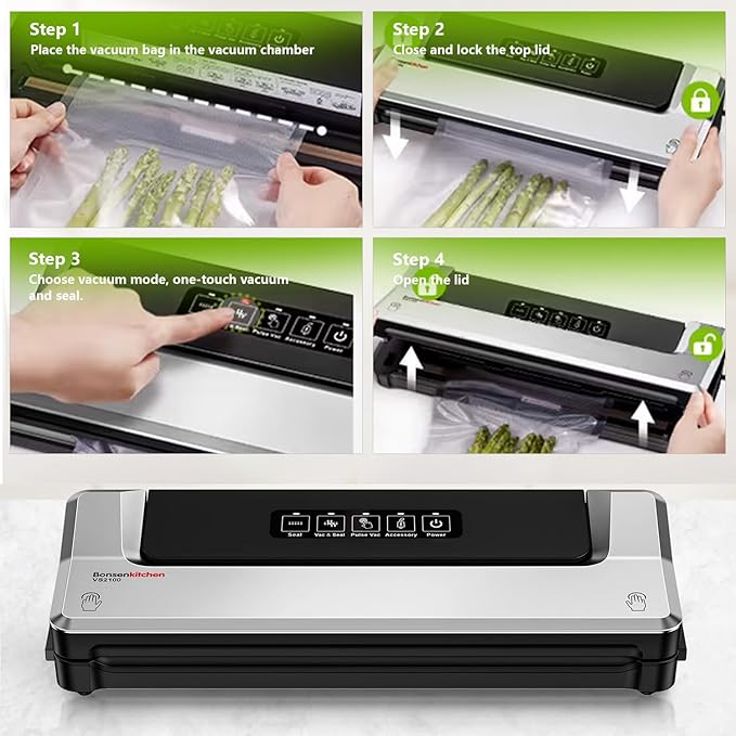Bonsenkitchen Vacuum Sealer Machine, Fast-Compact Food Sealer, Multi-Functional Food Vacuum Sealer with 5 Vacuum Bags & Accessory Hose, Technology for High-Speed Continuous Working, Silver