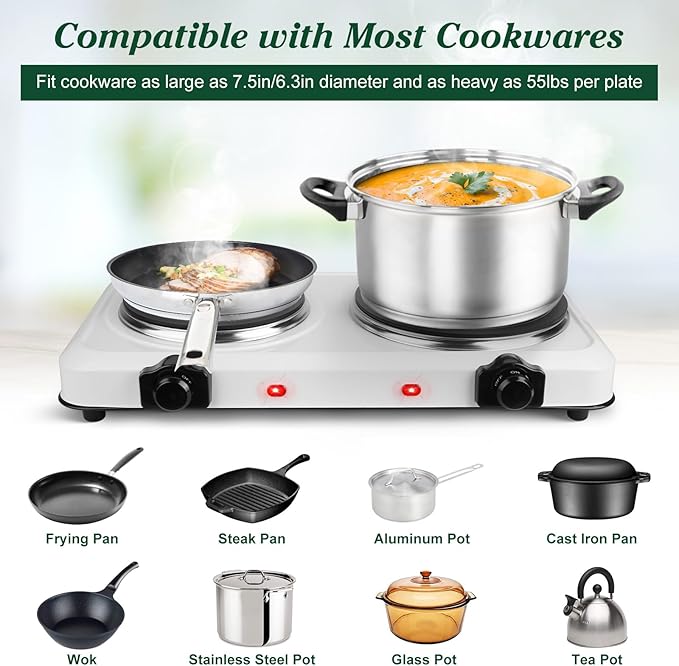 Electric Countertop Double Burner, 1800W Cooktop with Glass Hot Plate, Stepless Temperature Control, Easy to Clean, Indicator Lights, Compatible Cooking Stove for Office Home Camping RV