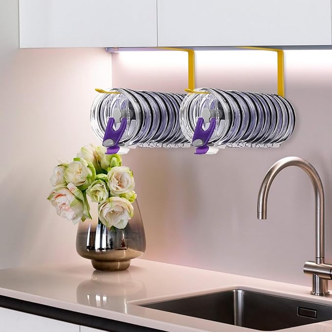 2 Pack Tumbler Lid Organizer, Horizontal Tumbler Lid Storage Hook to Hold Up 20 Lids, Space Saving Cup Lid Holders Under Cabinet Tumbler Lid Hook for Kitchen Organizer, Paper Towel Rack Hanger (Gold)
