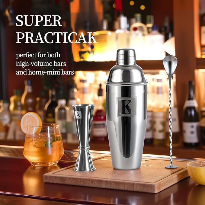 24oz Cocktail Shaker Set with 1 oz 2oz Jigger - Monogramm Initials Martini Shaker Set - 304 Stainless Steel Bar Shaker for Margarita,Mojito-Personalized Gift for Friend,Husband-O
