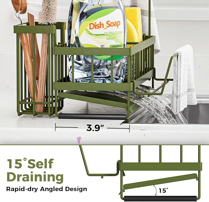 Sponge Holder for Kitchen Sink – Rustproof Stainless Steel with Detachable Drainboard, Brush Rack & Towel Bar | Compact, Non-Slip Design for Countertop Bathroom