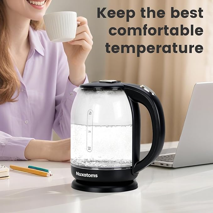 Household Electric Kettle, All 304 Stainless steel and No Plastic Contact, Automatic Shut-off,Borosilicate glass Visual Boiling, 2.0L Water Boiler & Tea Kettle Perfect For Tea & Coffee (Black)