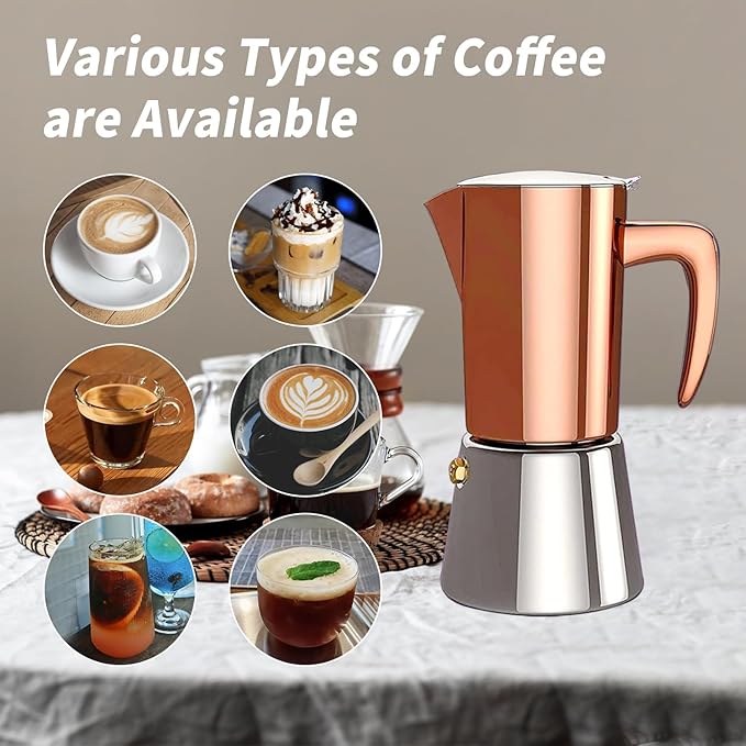Stainless Steel Moka Pot Espresso Maker 6 Cups (10oz/300ml) - Italian Stovetop Coffee Maker for Gas & Induction Cooktops, Camping & Home Use, Durable Coffee Pot, Brown