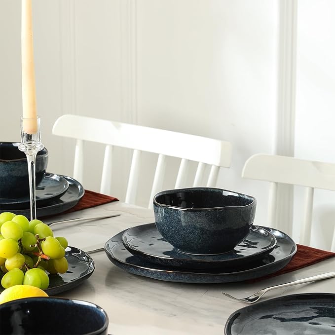 Stone Lain Mirella 24-Piece Stoneware Dinnerware Set, Service for 8 – Reactive Glaze, Deep Blue – Includes Dinner Plates, Salad Plates, and Bowls – Modern Organic Design