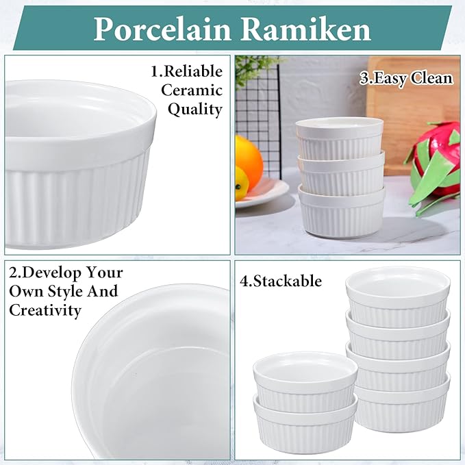 Xinnun 24 Pcs 6 oz Ramekins Creme Brulee Dishes Oven Safe Classic Porcelain Ramekins Set for Baking, Creme Brulee, Souffle, Appetizer, Custard, Pudding, Dipping Bowl