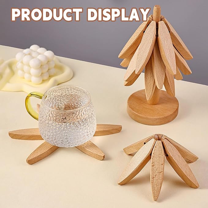 Natural Foldable Black Walnut Wooden Trivet Set - 4 Trivets + 1 Stand for Hot Dishes, Pot, Bowl, Teapot, Hot Pot Holders(Beech)