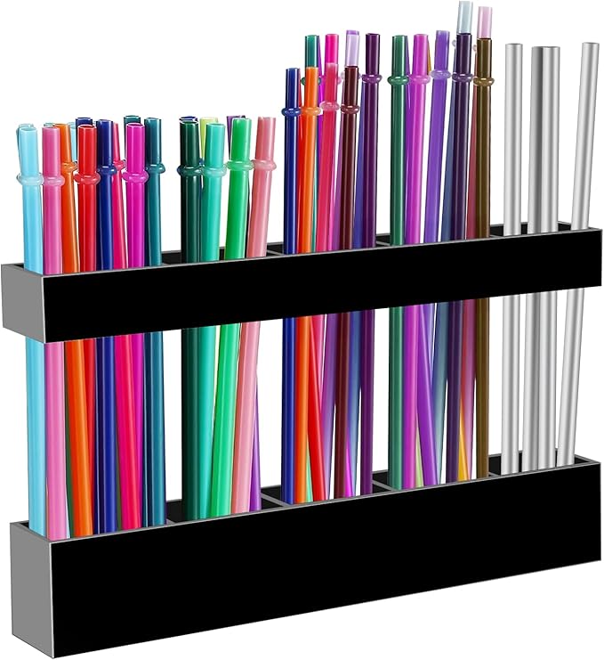 Acrylic Straw Holder for Cabinet Door - Reusable Tumbler Straw Organizer Storage, Small Kitchen Accessories Container, Ultra Sticky Cupboard Door Mounted (Black, Large 9.5" (Most Cabinets))