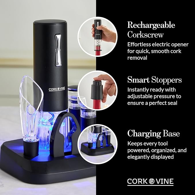 Cork & Vine Rechargeable 7-Piece Wine Set | Electric Wine Opener, Charging Base | Smart Wine Stopper, Wine Aerator, Wine Foil Cutter, Rechargeable Corkscrew, 2 Wine Stoppers Vacuum | Kitchen Gadgets