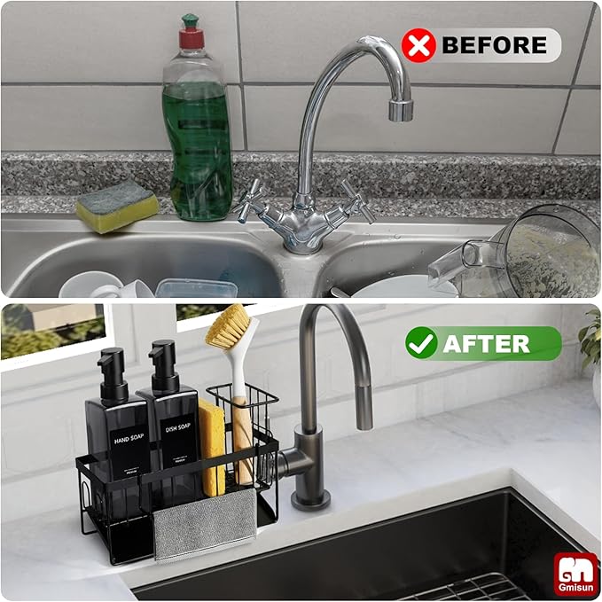 GMISUN Dish Soap Dispenser for Kitchen, 12 fl oz / 350 ml Dual Kitchen Soap Dispensers with Sponge Holder, Transparent Black Glass Kitchen Soap Dispenser Set, Modern Hand and Dish Soap Bottle Set