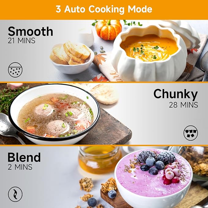 Homtone 1.6L Soup Maker, Stainless Steel Soup Making Machine with Smooth & Chunky Settings, Anti-Dry Burn, Overfill Sensors, Self-Cleaning Mode for Quick Soups, Baby Food