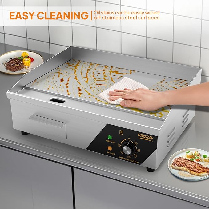 Bonnlo 22 Inch 1600W Commercial Griddle with Stainless Steel Countertop, Flat Griddle, 122-572℉ Adjustable Temp Control of Electric Flat Top Grill for Cheese 、Steak and Egg Indoor and Restaurant
