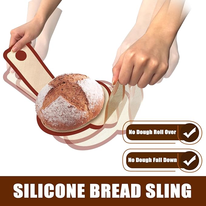 Silicone Bread Sling for Dutch Oven, Non-Stick & Easy to Clean Bread Baking Mat Set, 2 Pcs Reusable Bread Sling with Long Handle to Transfer Sourdough (Red, Oval and Round)