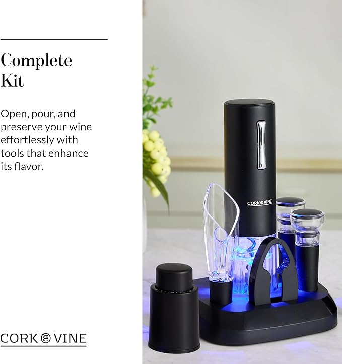 Cork & Vine Rechargeable 7-Piece Wine Set | Electric Wine Opener, Charging Base | Smart Wine Stopper, Wine Aerator, Wine Foil Cutter, Rechargeable Corkscrew, 2 Wine Stoppers Vacuum | Kitchen Gadgets