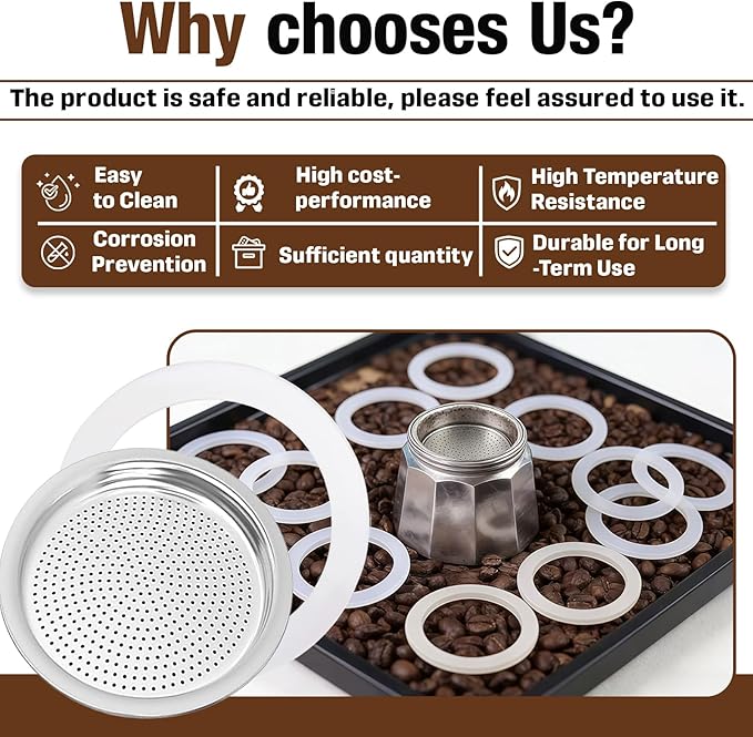1 Set BIA640310 Espresso Machine Replacement Parts, Compatible with Bialetti Moka Express Dama 9-Cup, Includes 8 Silicone Sealing Rings And 4 Stainless Steel Filter Plates, Durable And Easy To Clean