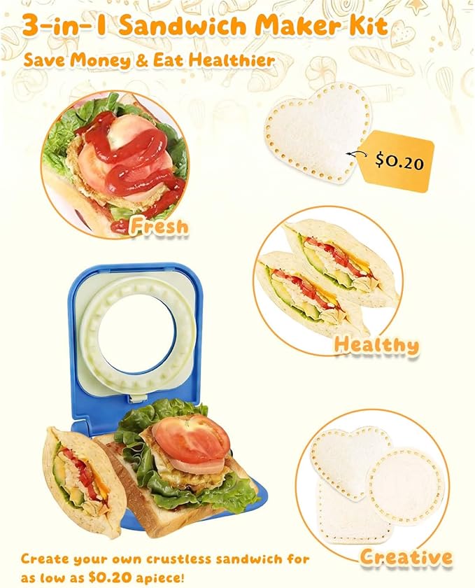 3-in-1 Uncrustable Sandwich Maker - Heart/Circle/Square Crustless Sandwich Cutter & Sealer for Kids' Lunch, Breakfast & Lunchboxes | BPA-Free Uncrustable Press,Easy Clean(3-Shape Blue)