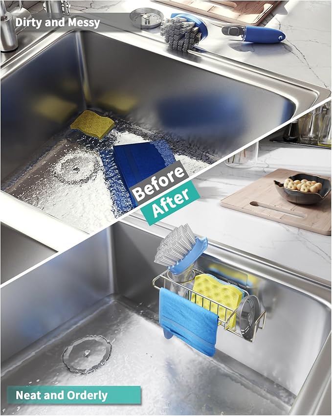 HapiRm Sink Caddy Sponge Holder - No Drill Sponge Holder for Kitchen Sink, Rustproof and Waterproof Kitchen Organizer - Brushed Nickel（8.65 * 3.54 * 2.36 in）