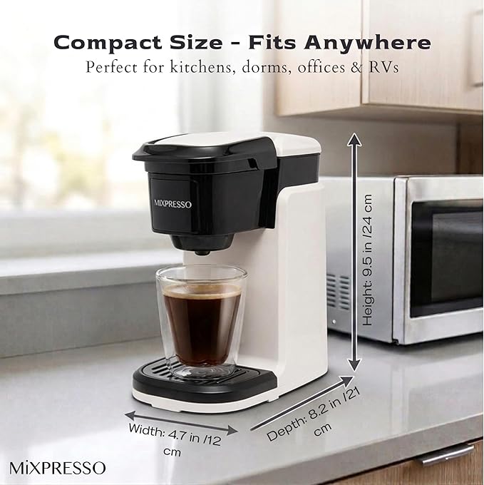 Mixpresso White Single Serve Coffee Maker for K Capsule, Compact Mini Coffee Maker 800 Watt Coffee Machine for Pods or Ground, Fast Brew, Auto Shut Off, 12 Oz Brew Size for Travel, Office, RV and Dorm