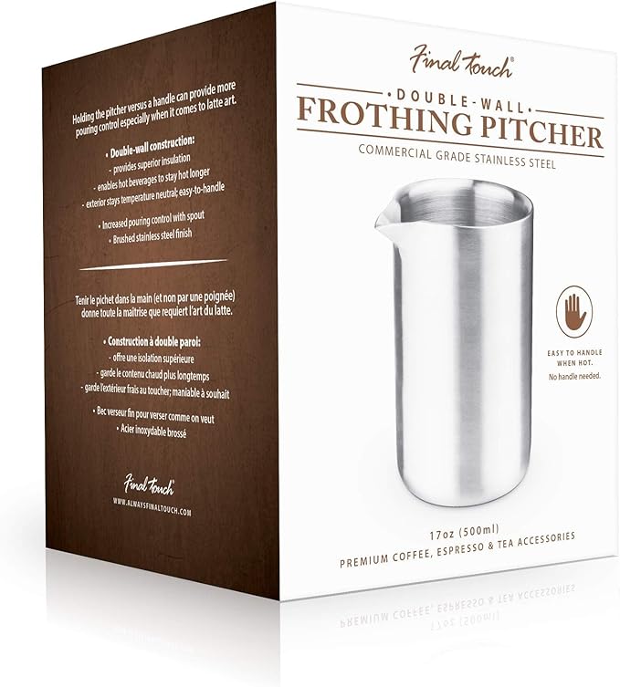 Final Touch Milk Frothing Pitcher for Coffee & Espressos - Double-Wall Insulated 304-Grade Stainless Steel (CAT131)