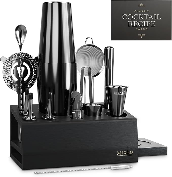Mixology Bartender Kit - 15Pcs Bar Set Cocktail Shaker Set w Black Bar Cart Accessories Stand - Shakers Bartending Gun Metal Black Tools, 24oz Shaker, 17 Recipe Cards, Martini Barware