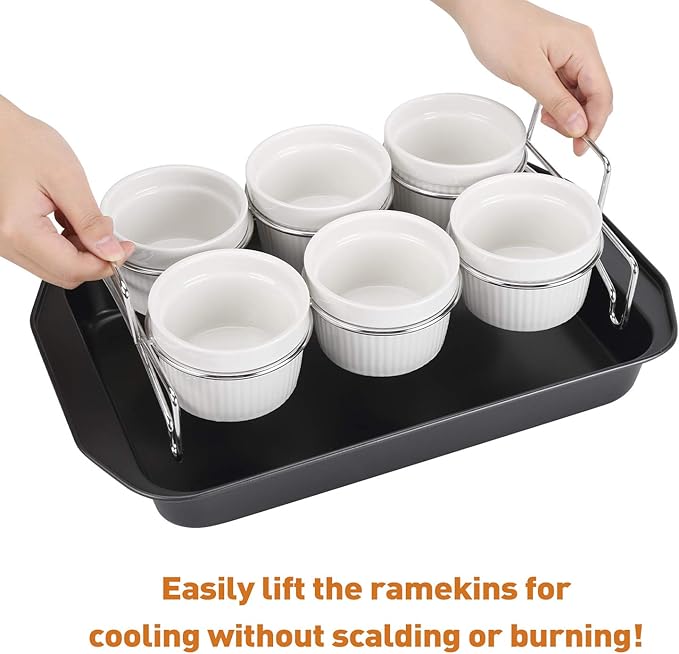 Creme Brulee Making Set - 6 Porcelain Ramekins 6 oz, 304 Stainless Steel Lifting Rack, 9" X 13" Bottom Pan