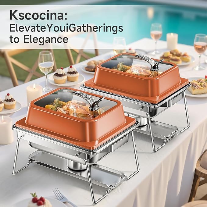 KScocina Chafing Dishes for Buffet, 4 Pack 5QT Square Stainless Steel Chafing Dish Set, Complete Buffet Warmer for Home Parties, Christmas & Catering Events (Orange)