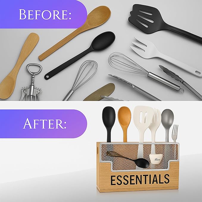 Extra Large Kitchen Utensil Organizer with 4 Compartments, Wooden Utensil Holder for Countertop, Rustic Kitchen Utensil Holder for Silverware & Cooking