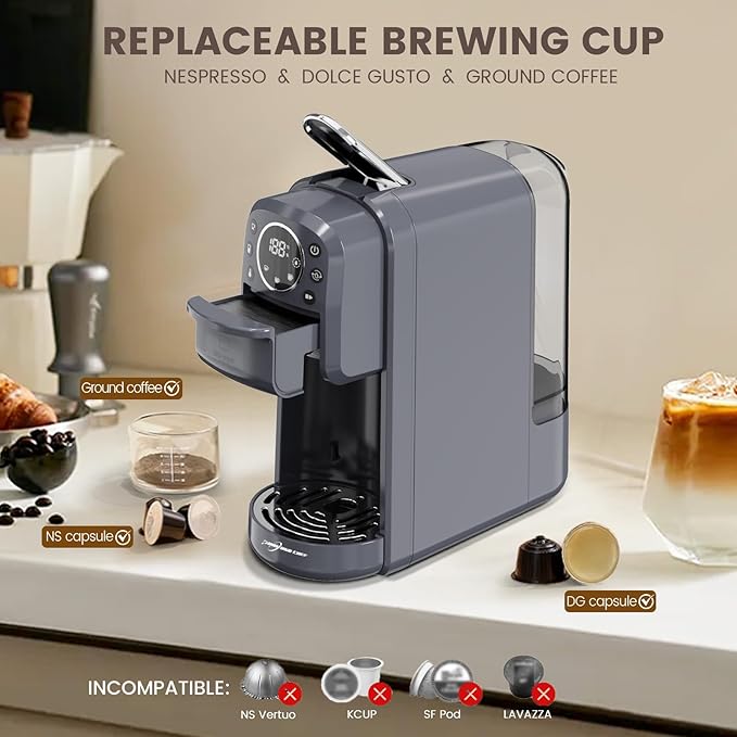 Multi-Capsule Espresso 4in1 Coffee Maker,Single Serve Coffee Machine for Nespresso,Dolce Gusto,ESE Pods & Ground Coffee or Hot Water,Smart & Compact Design in Any Space,20Bar,CM-C05A