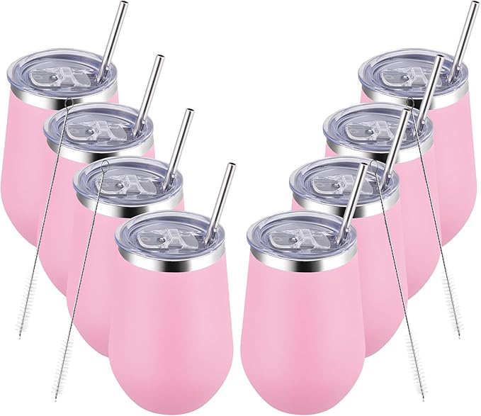 MEWAY Stemless 12oz Insulated Wine Tumbler with Lid and Straw - Double Wall Stainless Steel Thermal Cup for Hot and Cold Drinks, Bridal Shower Prizes for winners(Pink,Set of 8)