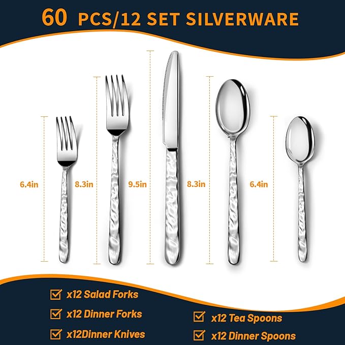 NICE KITCHEN 60 Piece Silverware Set for 12, Food-Grade Stainless Steel Utensils Set,Wave Style Design & Mirror Polished - Dishwasher Safe