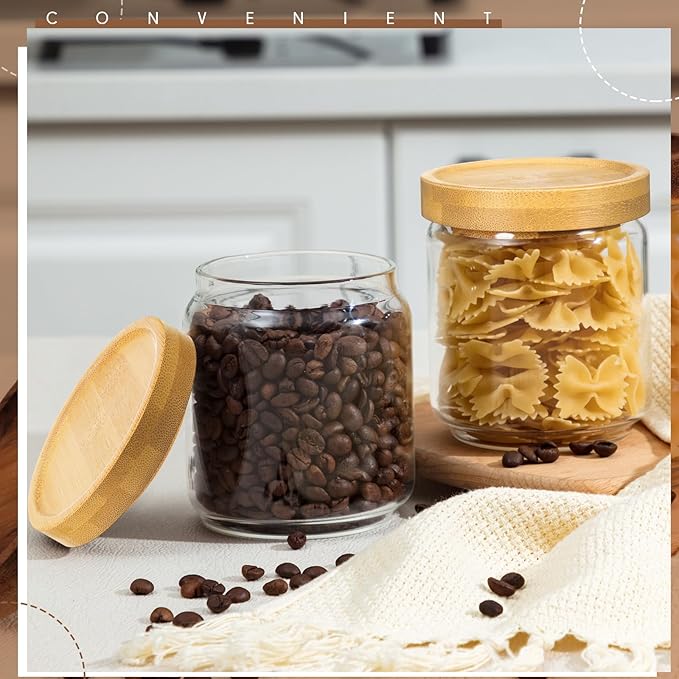 Irenare 16 Pack Glass Containers Canister Set, 17 oz Food Storage Spice Jars with Airtight Lids, Clear Kitchen Containers for Coffee Sugar Tea Beans Nuts Candy Pantry Organization (Bamboo)