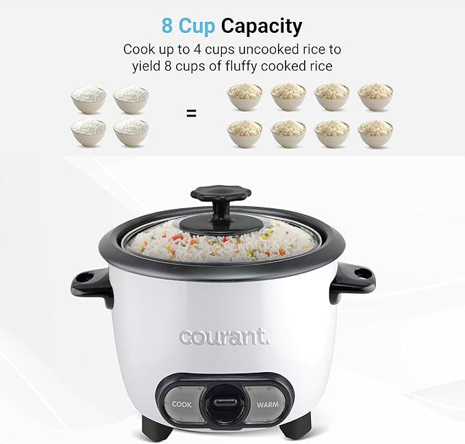 Courant Rice Cooker 8-Cup (Cooked), Removable Non-Stick Bowl, One Touch Rice Cooker, White