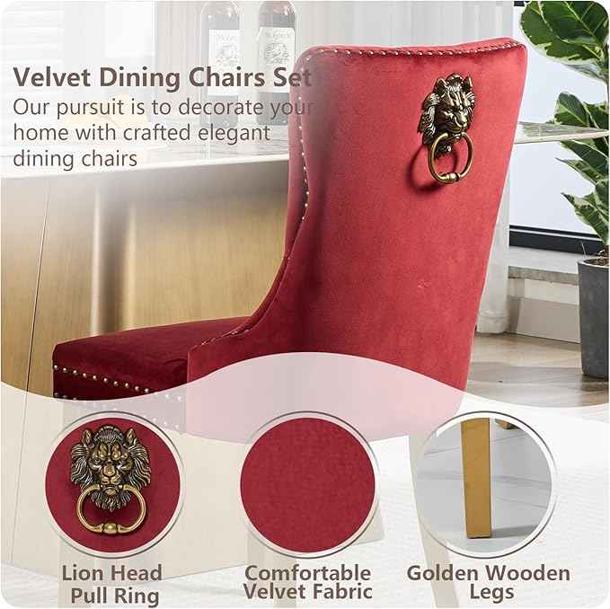 Velvet Dining Chairs Set of 4, Modern Tufted Dining Room Chair, Upholstered Dining Chairs with Lion Head Pulls Ring and Golden Solid Wood Legs, Luxury Kitchen Chairs for Dining Room, Burgundy