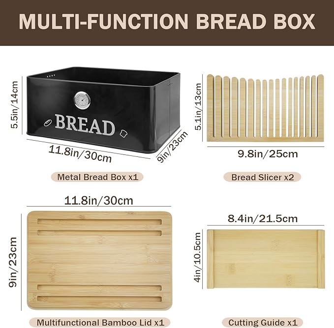 Black Bread Box for Kitchen Countertop with Bamboo lid, Hygrometer Kitchen Organizer for Sourdough, Buns, and Loaves, Bread Storage Container with Cutting Board Lid