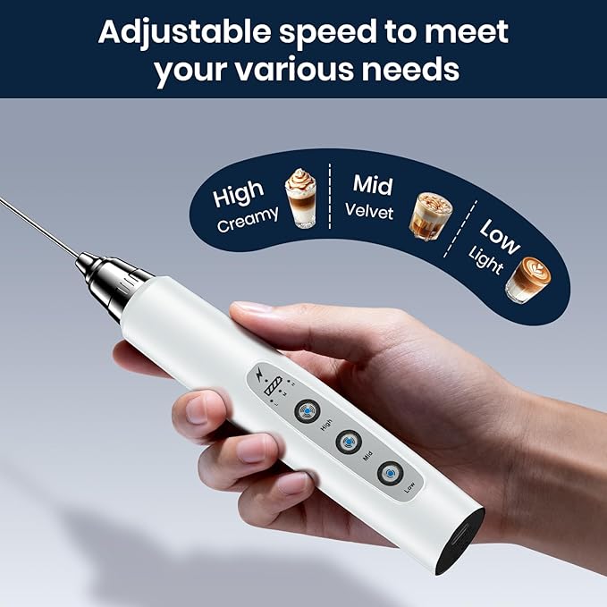 Sakgos Milk Frother with Stand Rechargeable-Handheld Coffee Frother with 3 Stainless Whisks 3 Speed Adjustable, Electric Whisk Drink Mixer, Foam Maker Blender for Matcha Latte Cappuccino Chocolate