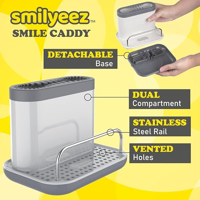 The Original Smiling Handle with Soap Dispensing for Scrub Daddy (Reg. TM) Sponge and Scrub Moji Sponge, Smile Caddy, and 2 Scrub Mojis (White/Grey Wands)