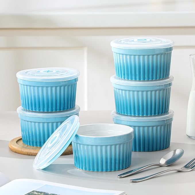 vancasso 8 oz Ramekins with Lid, Porcelain Creme Brulee Souffle Dishes, Blue Pudding Custard Cups Ramiken for Baking, Dishwasher and Oven Safe, Set of 6