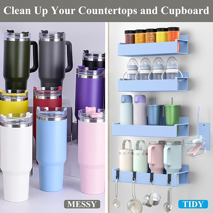 Magnetic Water Bottle Holder for Refrigerator, Cup Holder Organizer for Stanley and Tumbler for Kitchen, 4 Pack, Light Blue