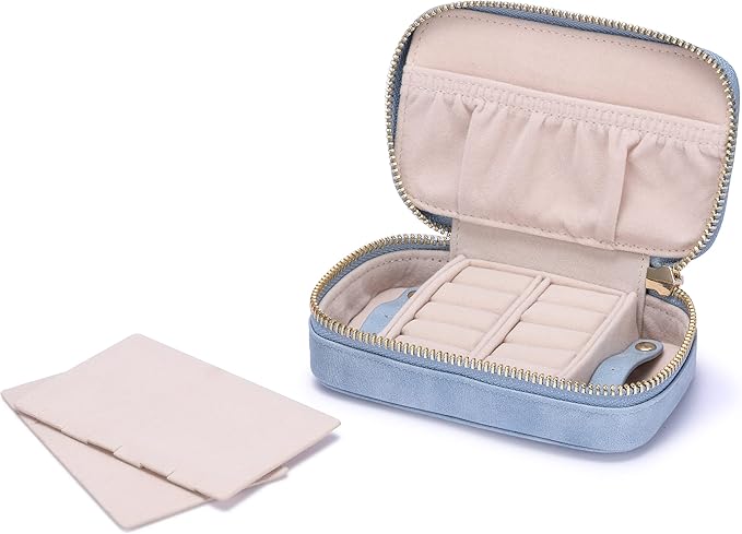 HISCOW Vegan Leather Travel Jewelry Case with Zipper - Portable Necklace & Earring Holder Organizer for Women Girls, Velvet-Lined Ring Box with Anti-Tarnish Design, Baby Blue