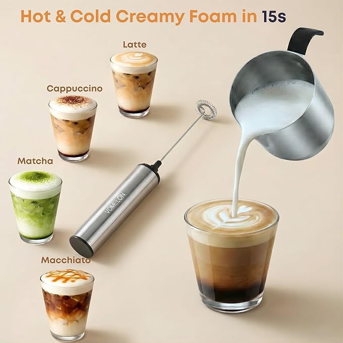 Rechargeable Milk Frother with Stand, Electric Whisks Foam Maker, POWERFUL USB C 2 Speed Handheld Drink Mixer for Coffee, Latte, Cappuccino, Matcha Drinks,Silver