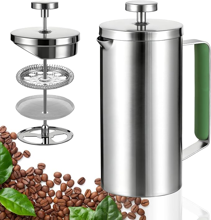 Stainless Steel French Press Coffee Maker 21OZ(0.6 Litre), Camping Coffee Press with Green Handle for Personal, Office, Travel(Sanding Silver, 1-3 Cups)