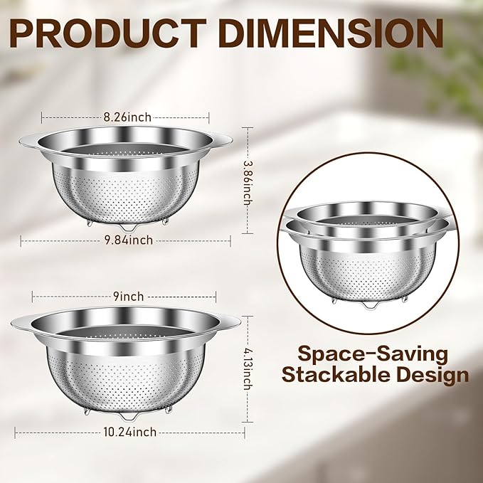 Stainless Steel Strainers for Kitchen, Stainless Steel Colander, Kitchen Strainer for Pasta Fruit Veggie Hot Food, 2 Pack Strainers and Colanders(2QT & 3QT), Dishwasher Safe, Silver