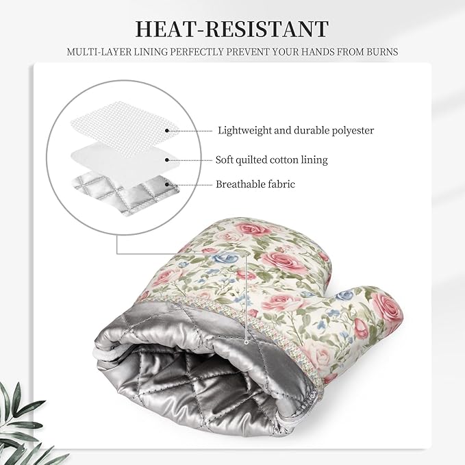 Oven Mitts and Pot Holders Flower Boho Rose Floral Silicone Kitchen Accessories Set of 4 Heat Resistant Long Gloves Potholder Non-Slip Grip for Chef Cooking Baking Grilling BBQ