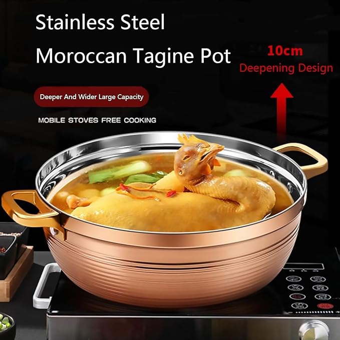 Moroccan Tagine Cooking Pot,Stainless Steel Non Stick Moroccan Casserole with 2 Handles,Large Moroccan Cooker Handmade Tagine Pot with Cone-Shaped Lid(23cm, Rose Gold)
