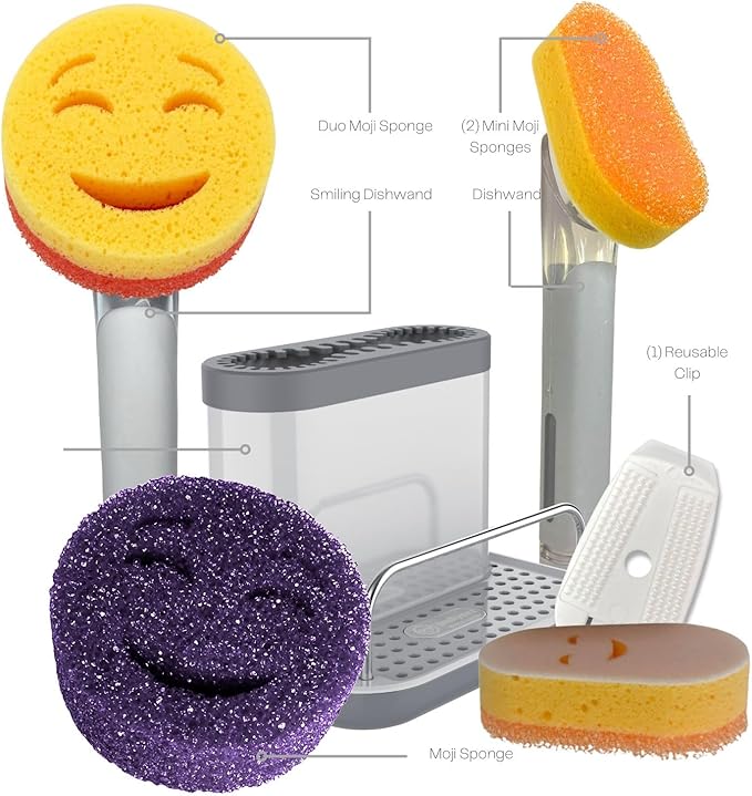 Smilyeez Caddy Combo, Sink Caddy, Smiling Handle, 2 Scrub Moji Sponges, Dishwand with 2 Mini Moji Sponges (Light Blue)