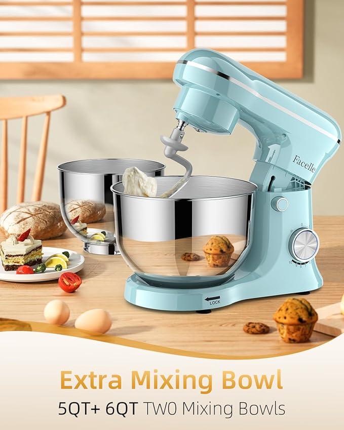 Tilt-Head Stand Mixer, 5QT+6QT Stainless Steel Two Bowls, 10 Speeds Kitchen Electric Food Mixer with Egg Whisk, Dough Hook, Beater, Dishwasher-Safe Attachment (Blue)